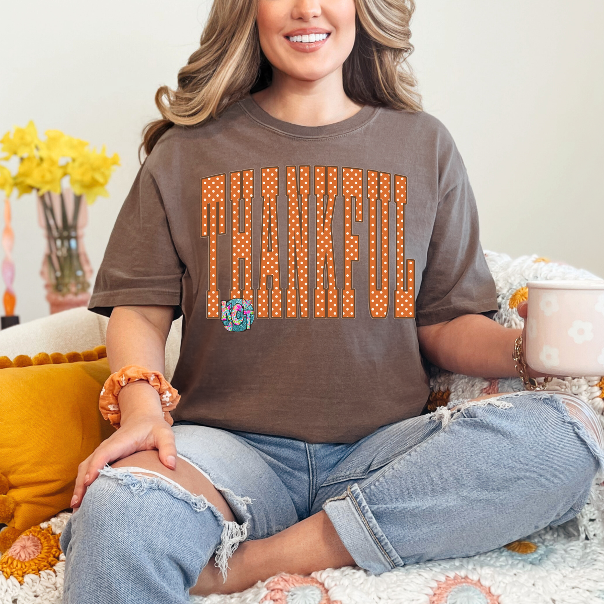 Thankful orange polka dot  tee